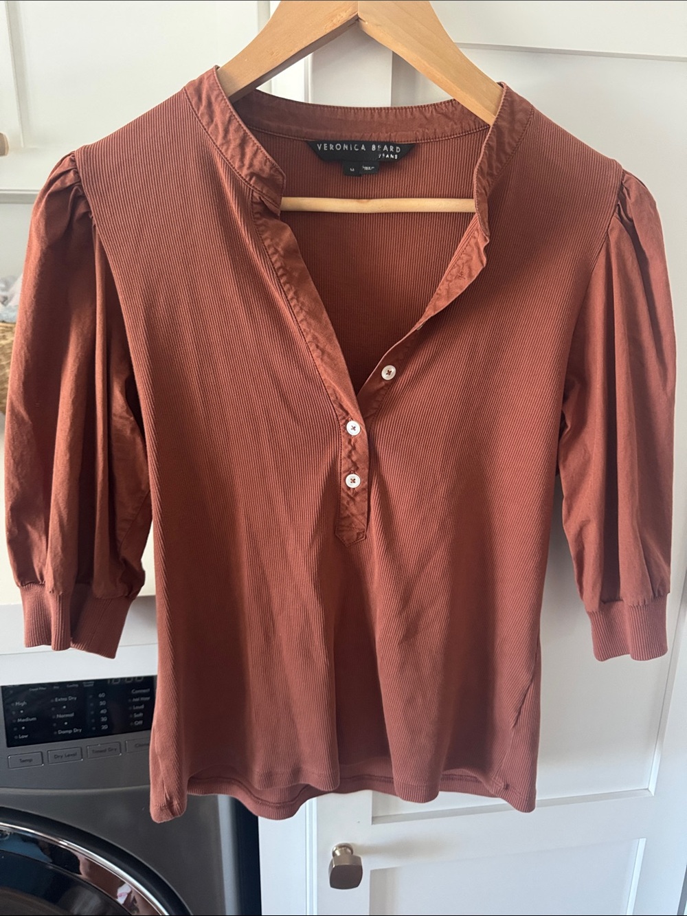 Veronica Beard Rust Brown Puff-Sleeve Henley Blouse